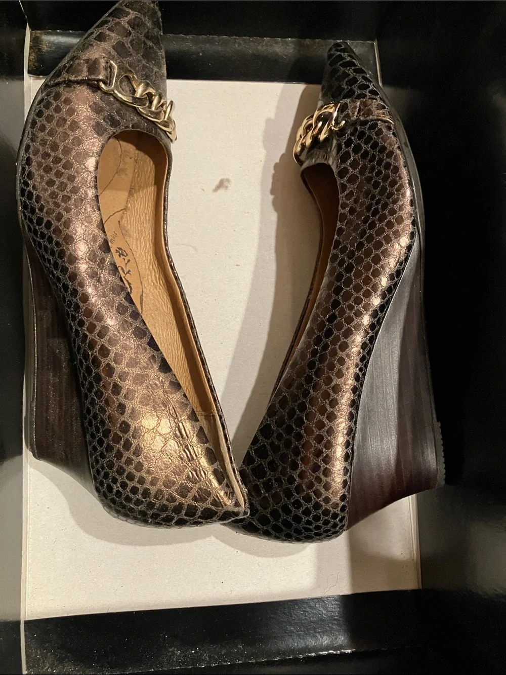 Sofft Metallic Black Snakeskin-Print Pointed Toe Wedges with Gold Chain